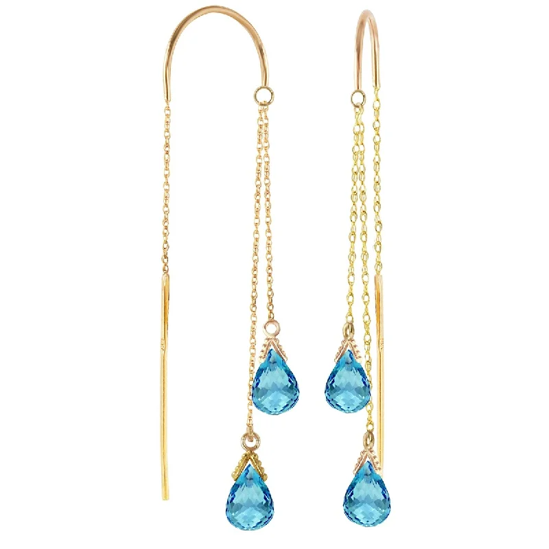 14K Solid Gold Threaded Dangles Gemstone Earrings Blue Topaz Jewelry