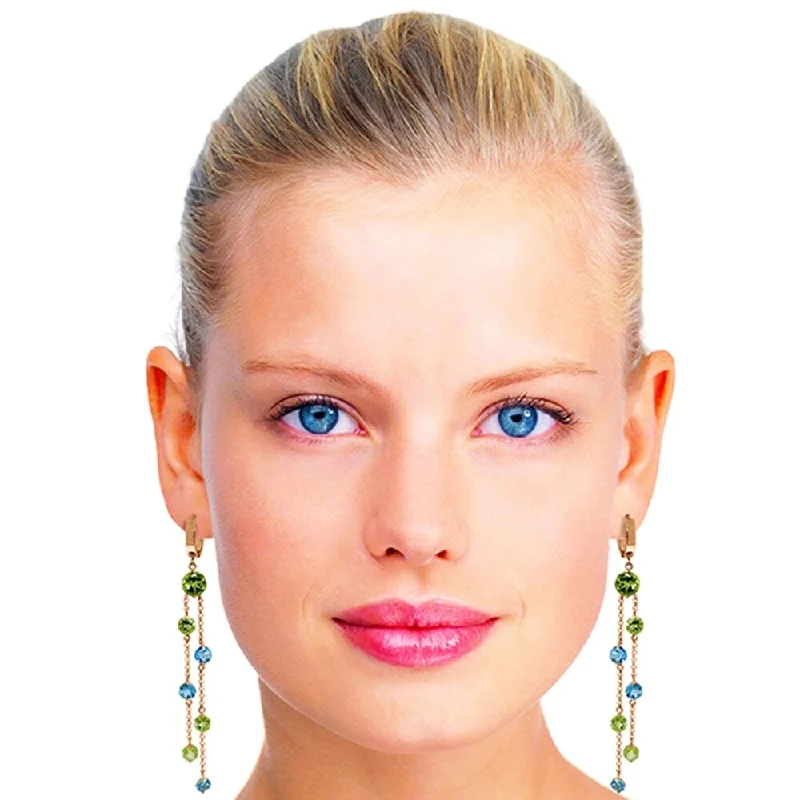 14K Solid Rose Gold Chandelier Earrings with Peridots & Blue Topaz